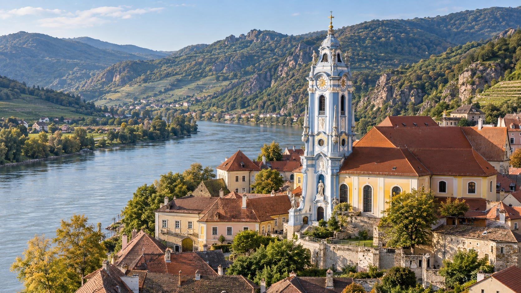 Dürnstein's blue Baroque church tower beside the Danube