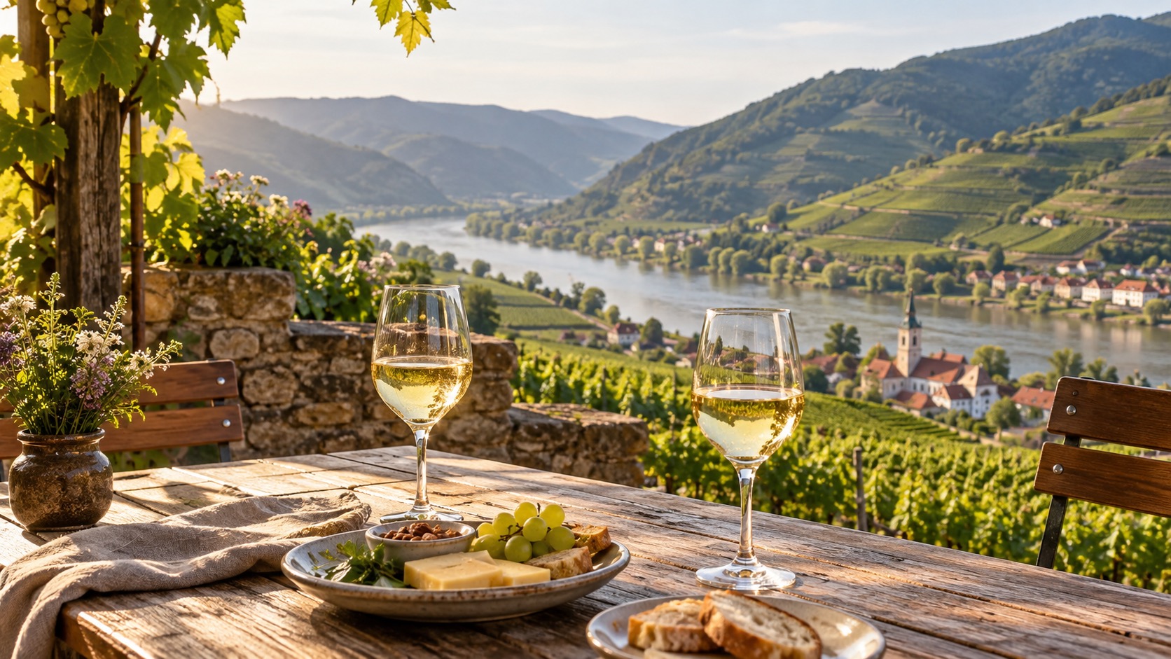 A Heuriger wine tavern terrace overlooking Wachau vineyards