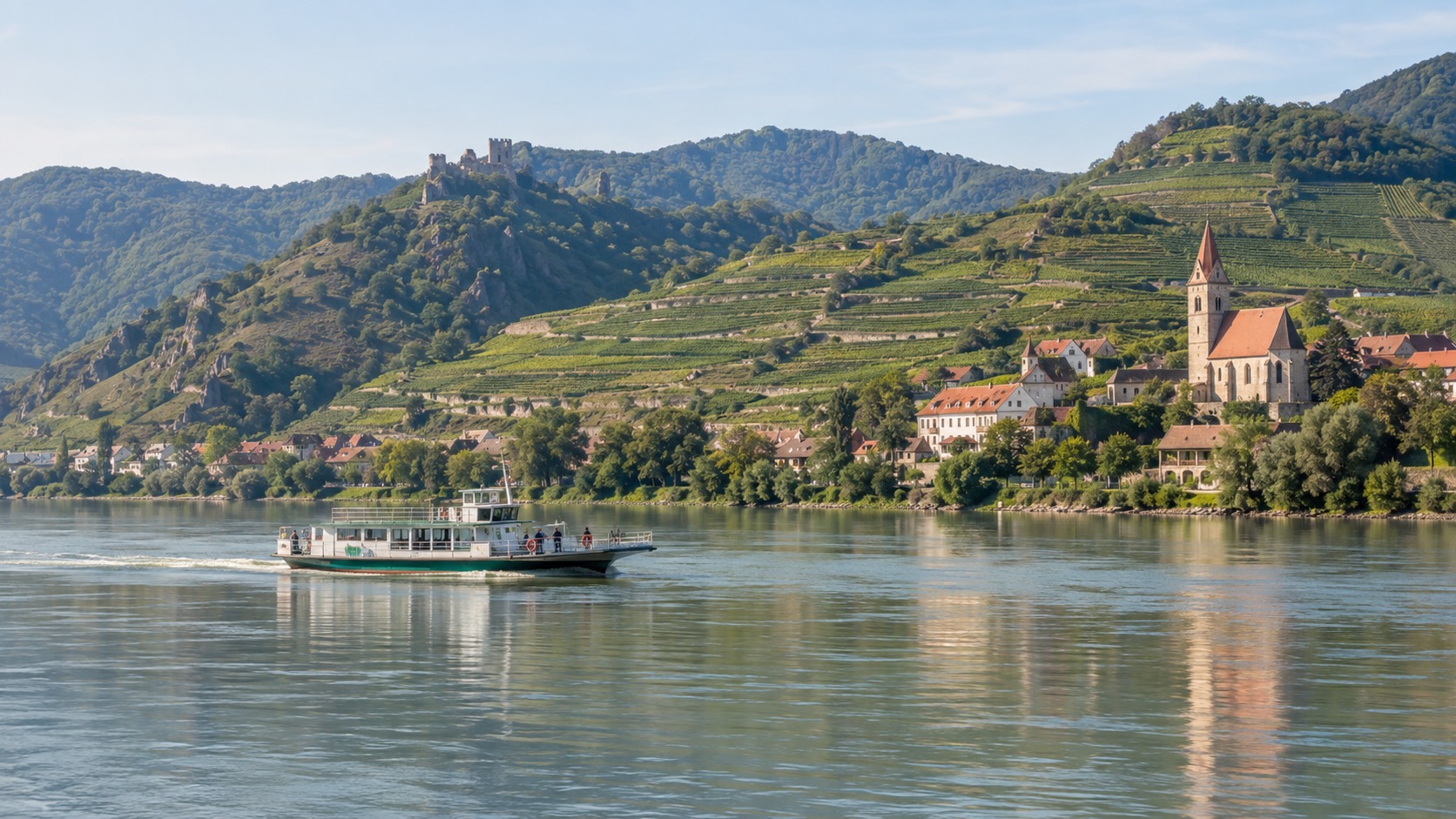 A small passenger ferry crossing the Danube in the Wachau valley