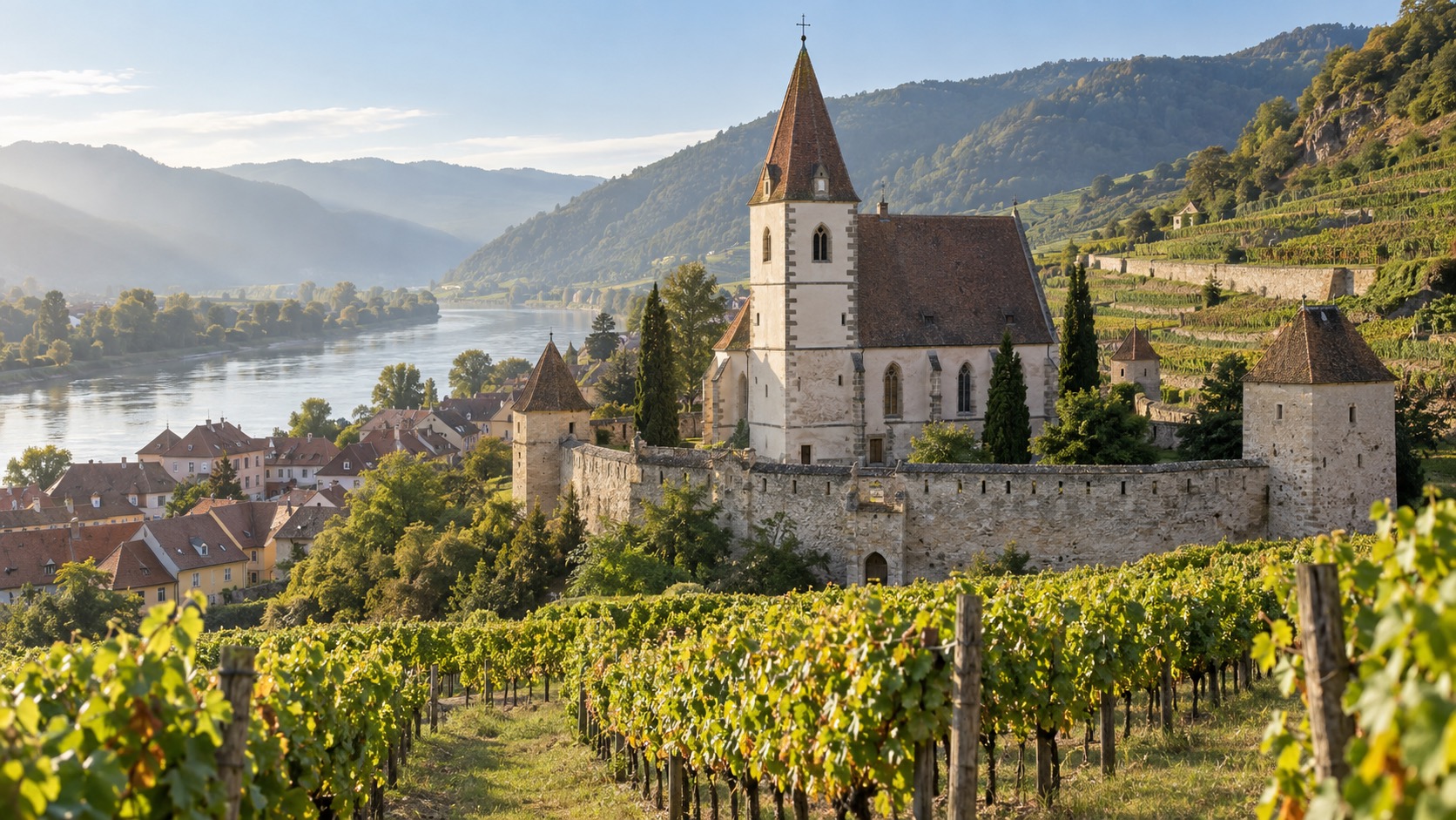 Weissenkirchen's fortified church surrounded by vineyards