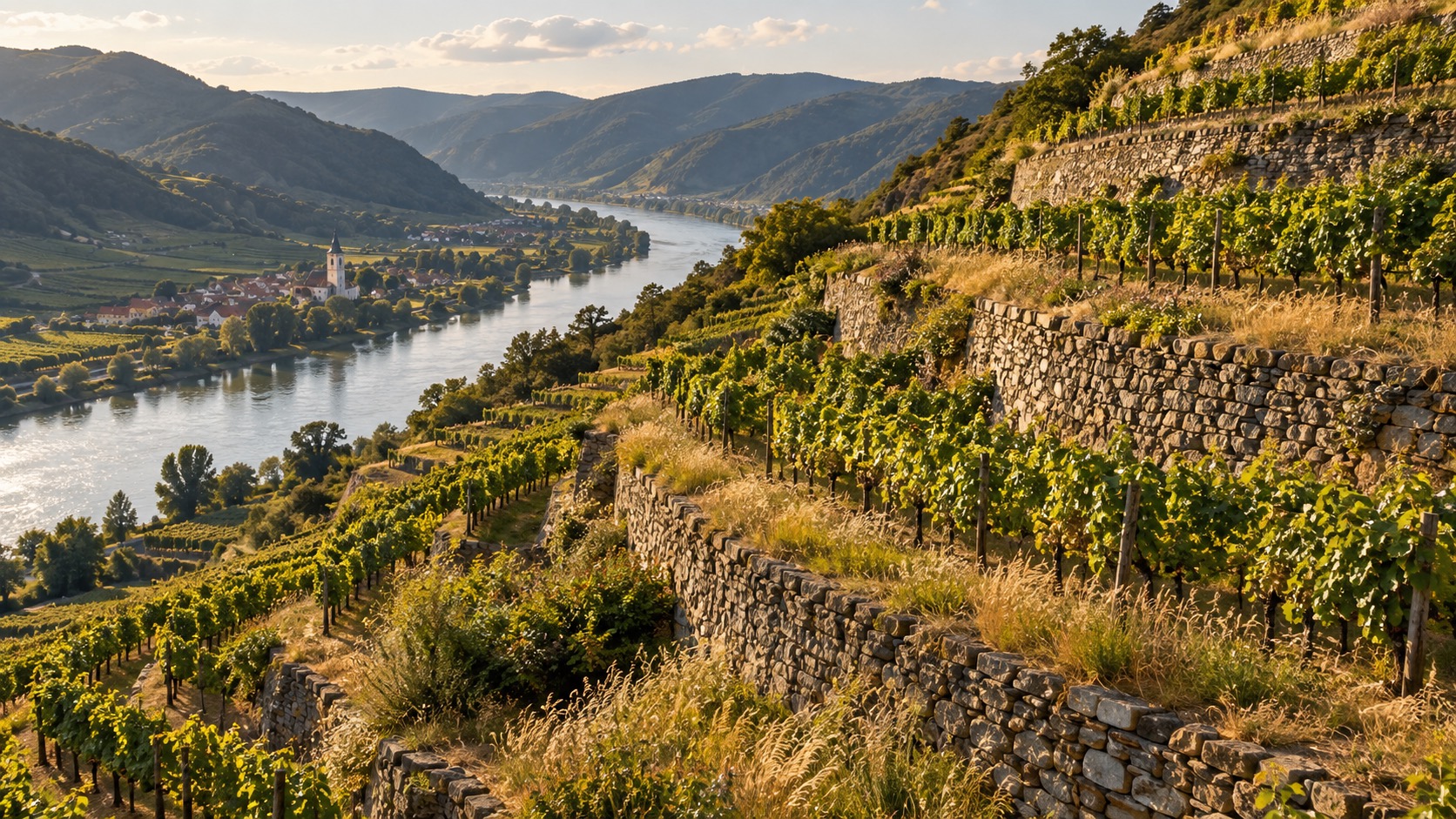Steep dry-stone vineyard terraces above the Danube in the Wachau