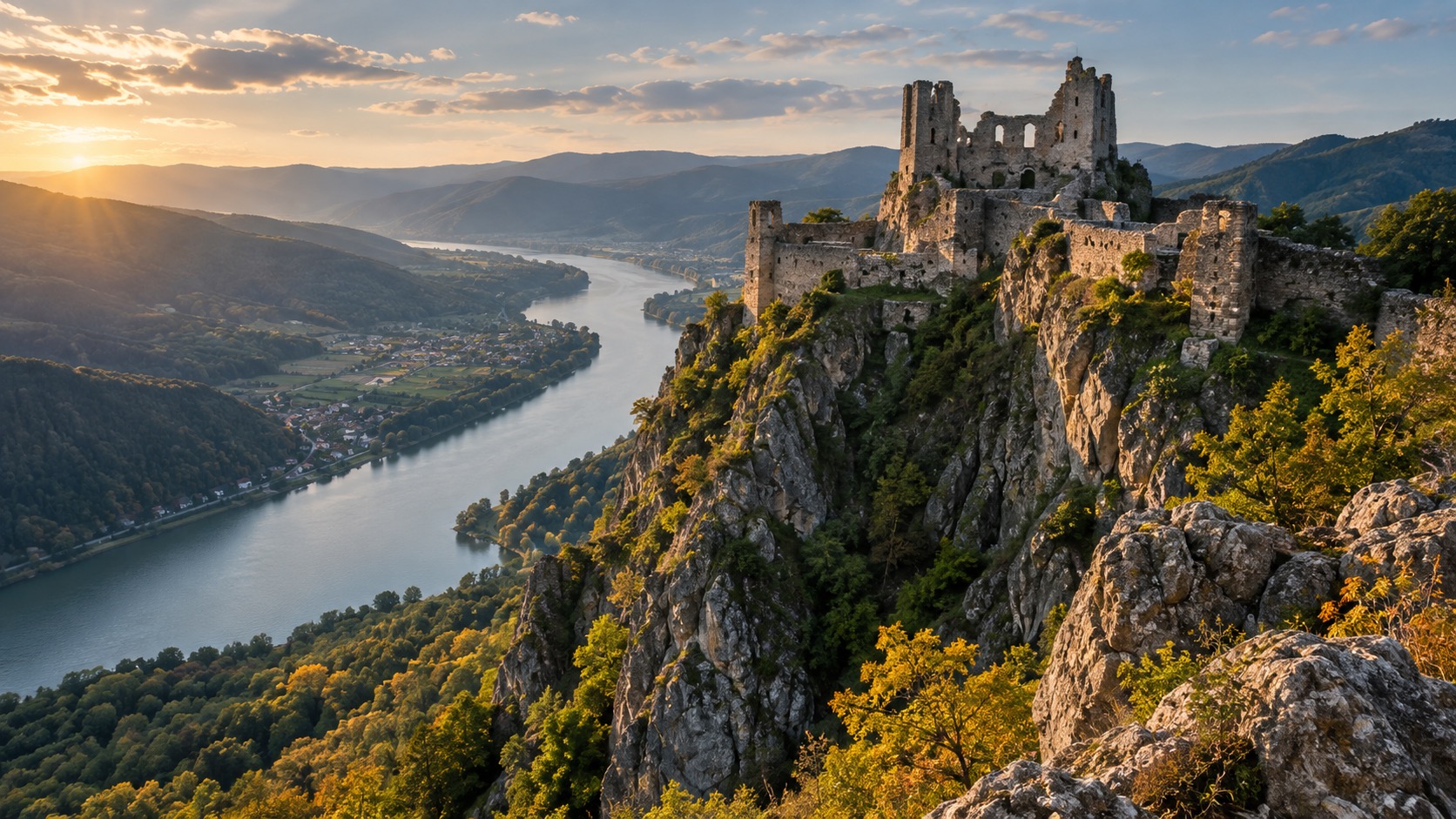 The ruined Dürnstein castle on the hill above the Danube
